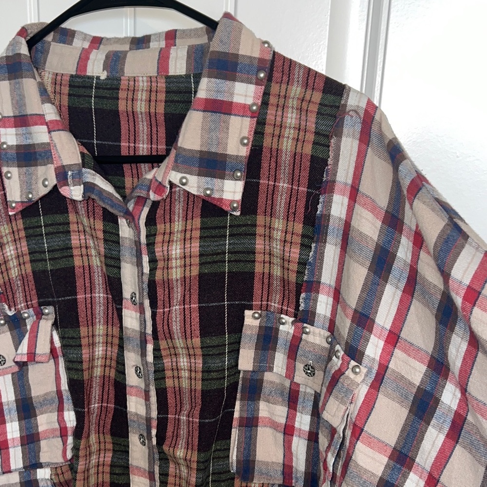 Women's Patchwork Plaid Button Down Shirt with St… - image 6